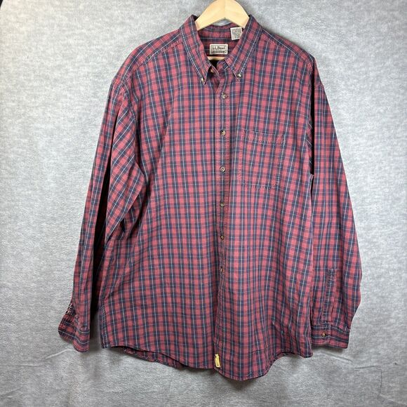LL Bean Button Down Shirt Mens XL Long Sleeve Cotton Plaid Lot of 2 Red Green - Picture 3 of 15
